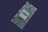 Pack of eight blue candles in a clear plastic packaging on a white background